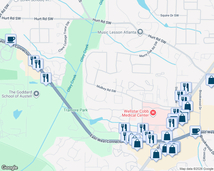 map of restaurants, bars, coffee shops, grocery stores, and more near 1980 Winchester Court in Marietta