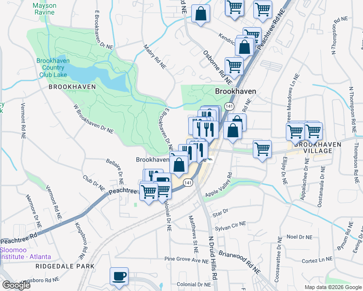 map of restaurants, bars, coffee shops, grocery stores, and more near 3910 East Brookhaven Drive Northeast in Atlanta