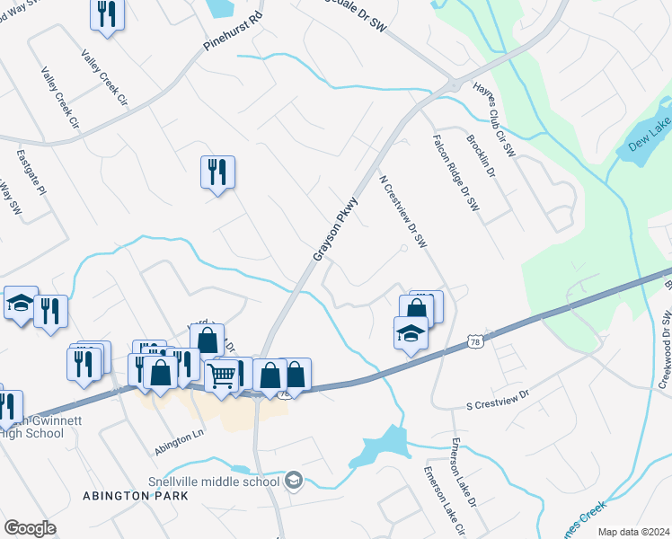 map of restaurants, bars, coffee shops, grocery stores, and more near 1500 Parkcrest Lane in Grayson