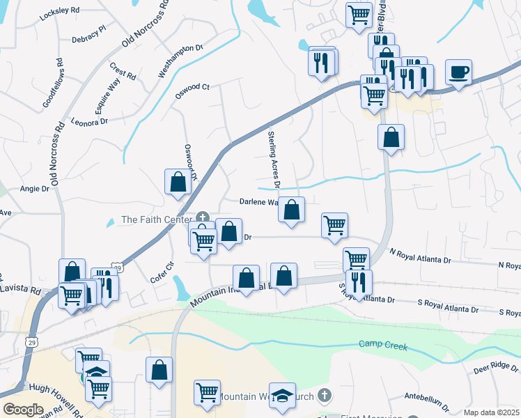 map of restaurants, bars, coffee shops, grocery stores, and more near 4723 Darlene Way in Tucker