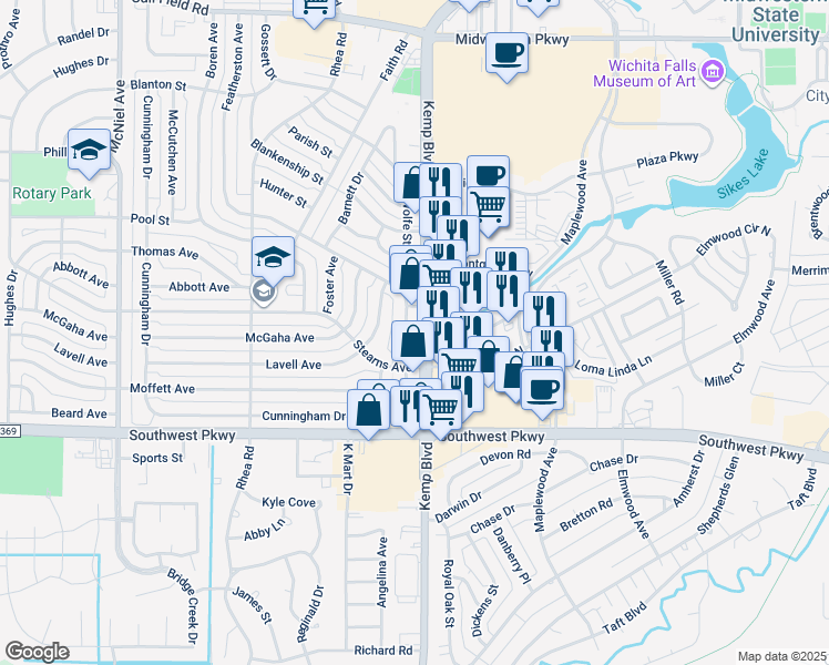 map of restaurants, bars, coffee shops, grocery stores, and more near 2824 Featherston Avenue in Wichita Falls