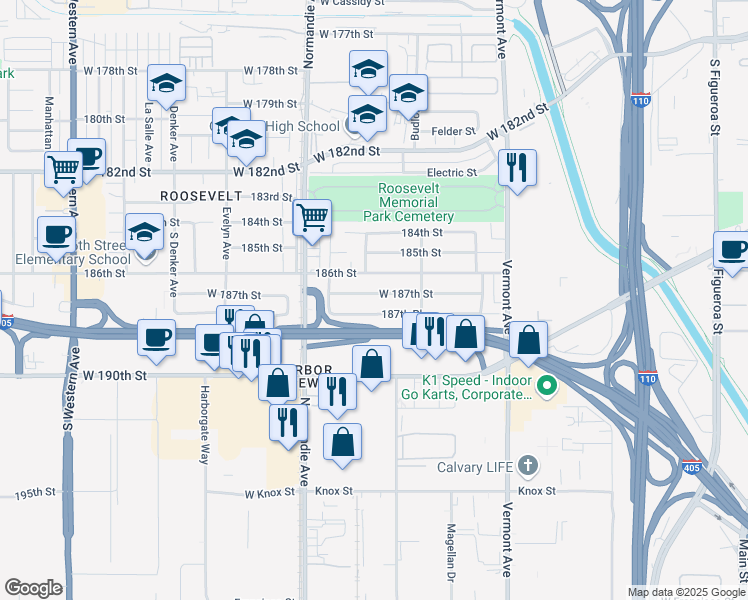 map of restaurants, bars, coffee shops, grocery stores, and more near 1258 West 187th Street in Gardena