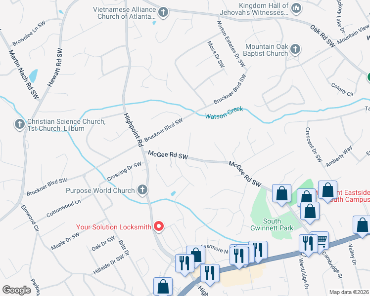map of restaurants, bars, coffee shops, grocery stores, and more near 1865 Lisa Springs Drive Southwest in Snellville
