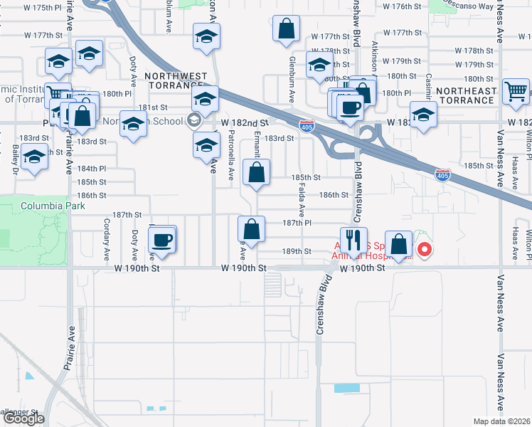 map of restaurants, bars, coffee shops, grocery stores, and more near 3420 187th Street in Torrance