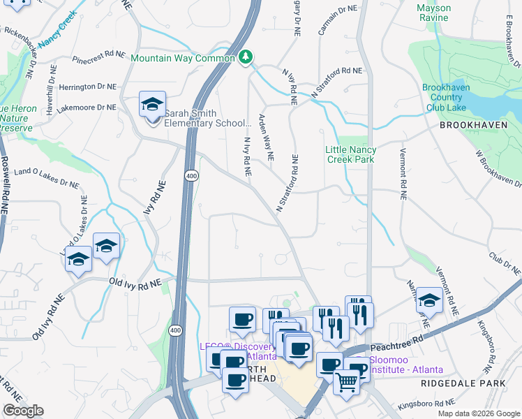 map of restaurants, bars, coffee shops, grocery stores, and more near 3900 Wieuca Road Northeast in Atlanta