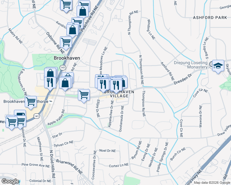 map of restaurants, bars, coffee shops, grocery stores, and more near 1438 Dresden Drive in Atlanta