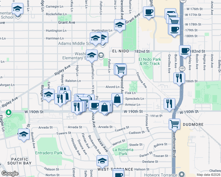 map of restaurants, bars, coffee shops, grocery stores, and more near 2600 Alvord Lane in Redondo Beach