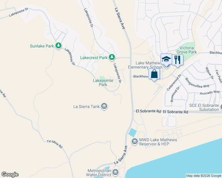 map of restaurants, bars, coffee shops, grocery stores, and more near 17821 Morning Rock Circle in Riverside