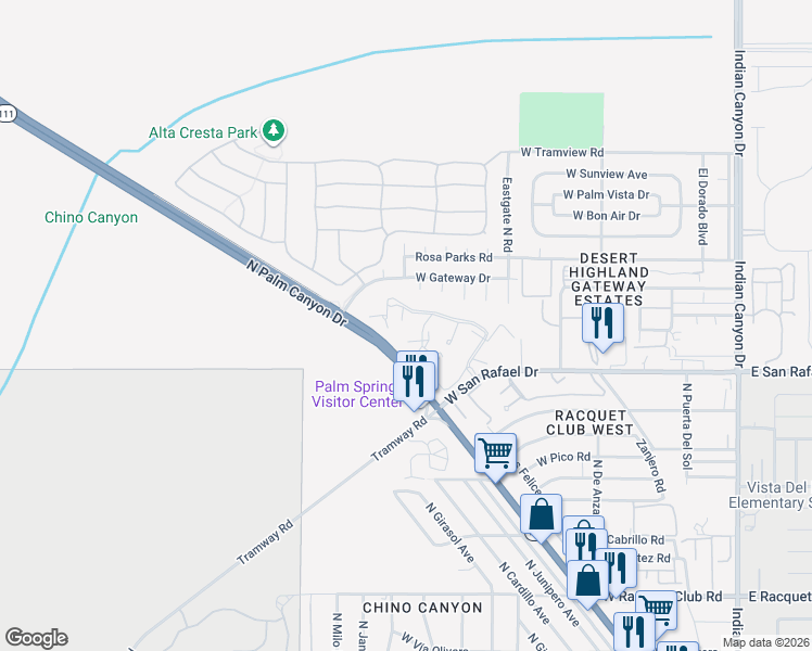 map of restaurants, bars, coffee shops, grocery stores, and more near North Los Felices Road in Palm Springs