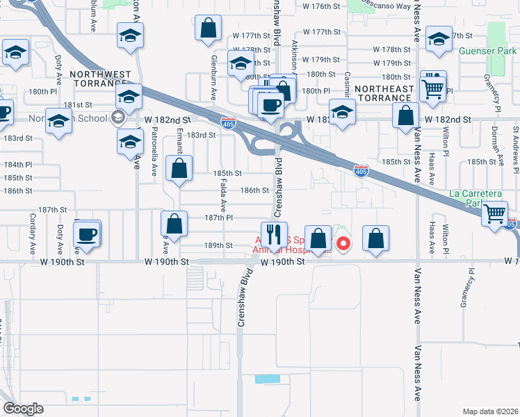 map of restaurants, bars, coffee shops, grocery stores, and more near 3122 187th Street in Torrance