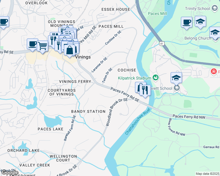 map of restaurants, bars, coffee shops, grocery stores, and more near 4075 Paces Ferry Road Southeast in Atlanta
