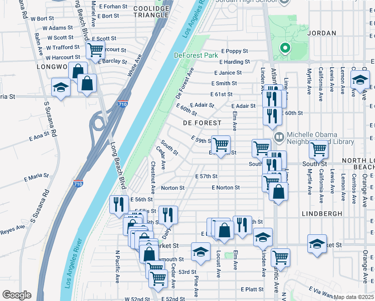 map of restaurants, bars, coffee shops, grocery stores, and more near 174 East Hullett Street in Long Beach