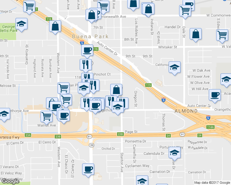 map of restaurants, bars, coffee shops, grocery stores, and more near 6841 Stanton Avenue in Buena Park