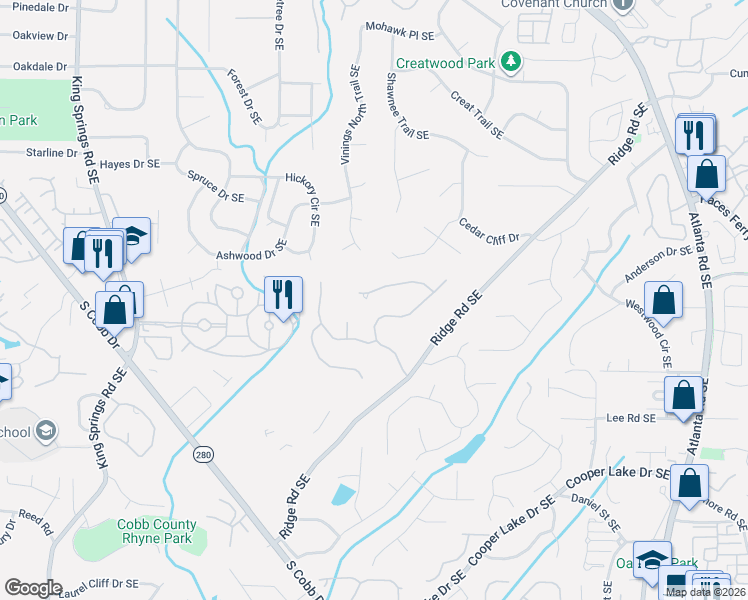 map of restaurants, bars, coffee shops, grocery stores, and more near 1681 Tyler Green Trail Southeast in Smyrna