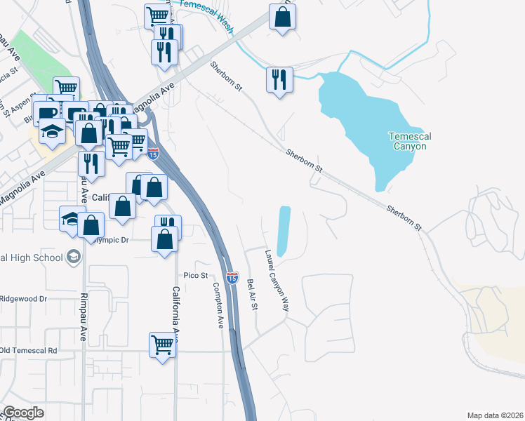 map of restaurants, bars, coffee shops, grocery stores, and more near 1651 Laurel Canyon Way in Corona