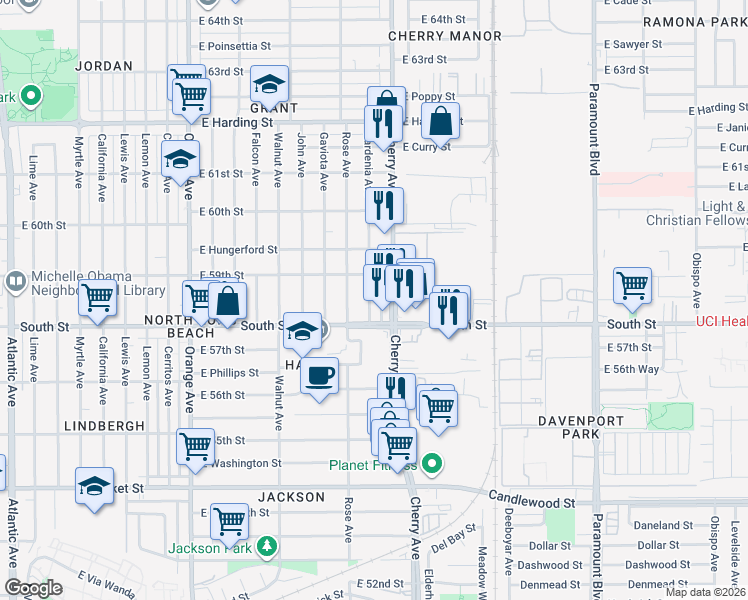 map of restaurants, bars, coffee shops, grocery stores, and more near 5846 Gardenia Avenue in Long Beach