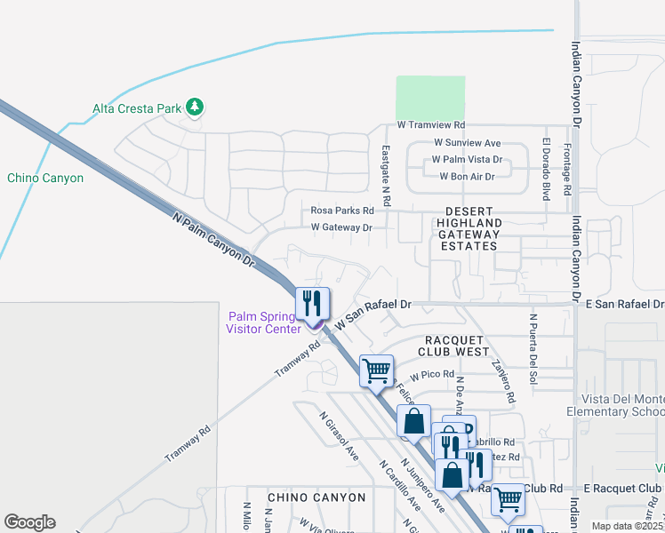 map of restaurants, bars, coffee shops, grocery stores, and more near 675 Los Felices Circle West in Palm Springs