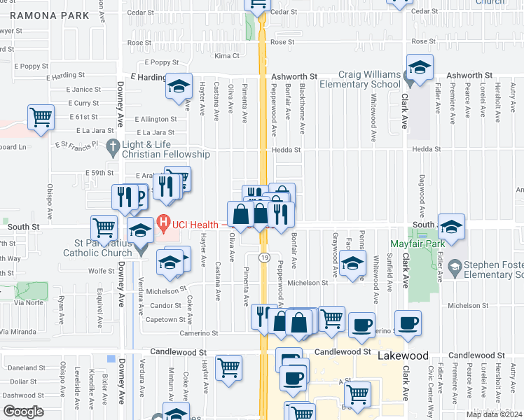 map of restaurants, bars, coffee shops, grocery stores, and more near in Lakewood