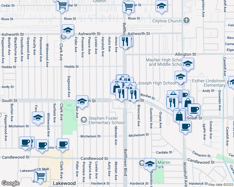map of restaurants, bars, coffee shops, grocery stores, and more near 5816 Autry Avenue in Lakewood