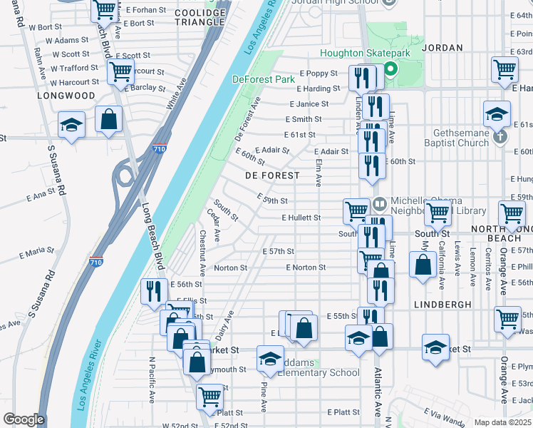 map of restaurants, bars, coffee shops, grocery stores, and more near 195 East Hullett Street in Long Beach