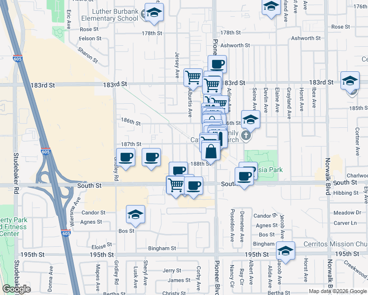 map of restaurants, bars, coffee shops, grocery stores, and more near 18709 Alburtis Avenue in Artesia