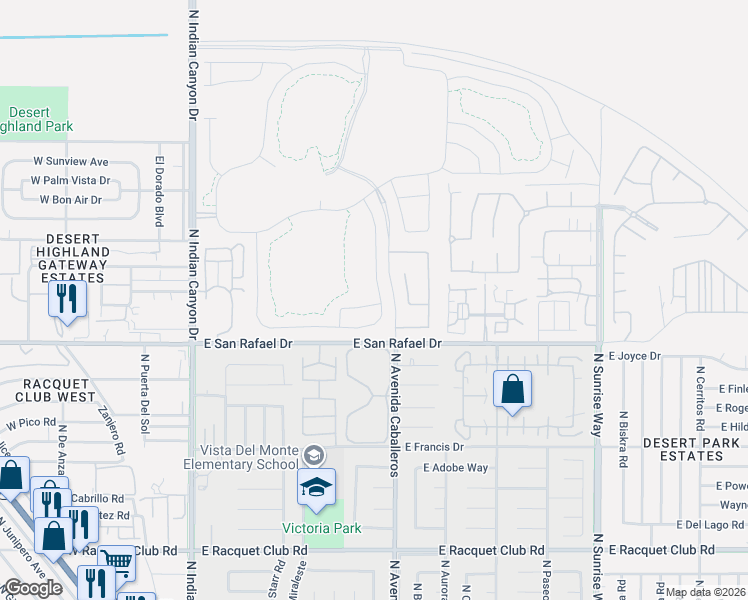 map of restaurants, bars, coffee shops, grocery stores, and more near 3345 Ambassador Drive in Palm Springs