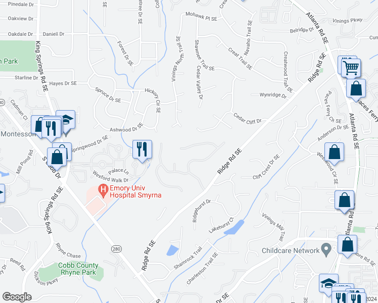 map of restaurants, bars, coffee shops, grocery stores, and more near 1681 Tyler Green Trail Southeast in Smyrna