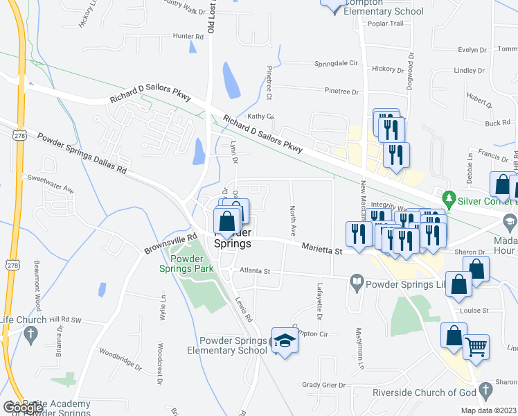 map of restaurants, bars, coffee shops, grocery stores, and more near 4402 George David Way in Powder Springs