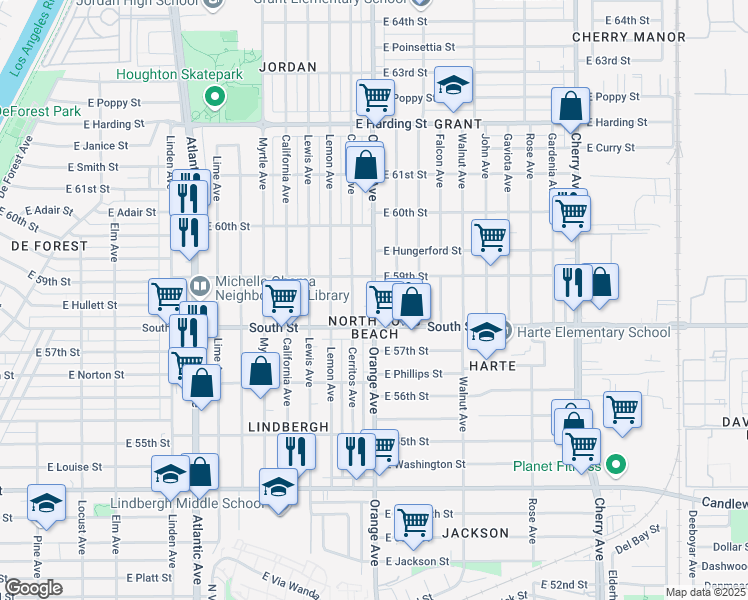 map of restaurants, bars, coffee shops, grocery stores, and more near 5847 Orange Ave in Long Beach
