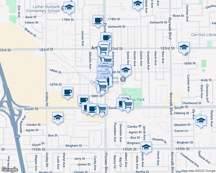 map of restaurants, bars, coffee shops, grocery stores, and more near 18702 Pioneer Boulevard in Artesia