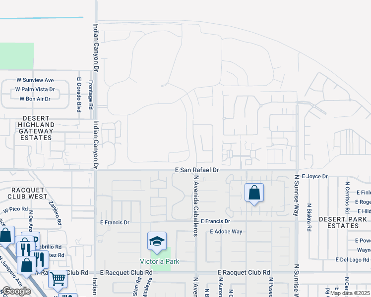 map of restaurants, bars, coffee shops, grocery stores, and more near 3345 Ambassador Drive in Palm Springs
