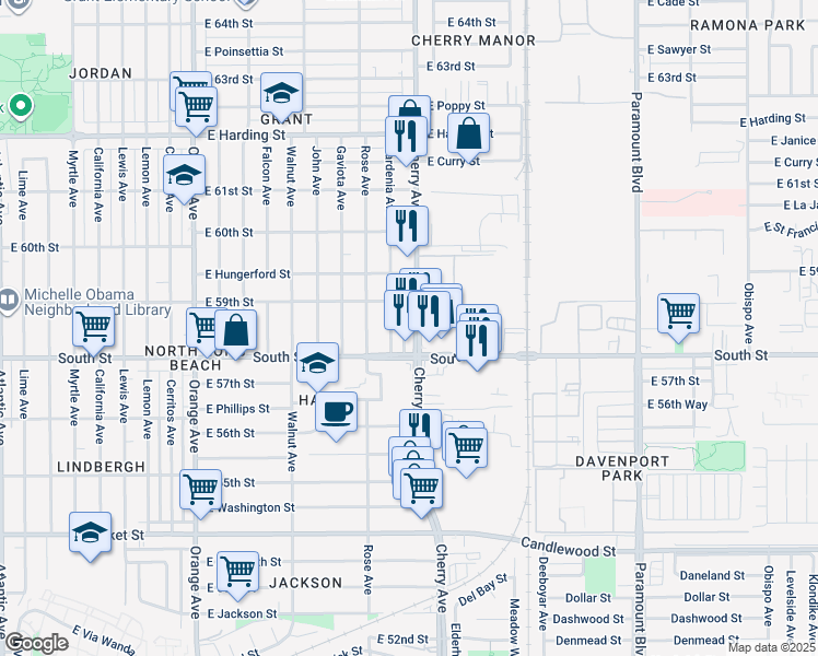 map of restaurants, bars, coffee shops, grocery stores, and more near 5847 Cherry Avenue in Long Beach