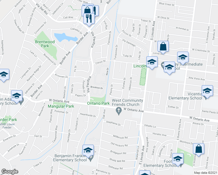 map of restaurants, bars, coffee shops, grocery stores, and more near 2060 Peony Street in Corona