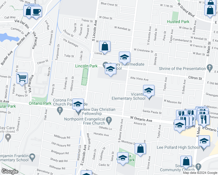 map of restaurants, bars, coffee shops, grocery stores, and more near 1972 Conejo Street in Corona