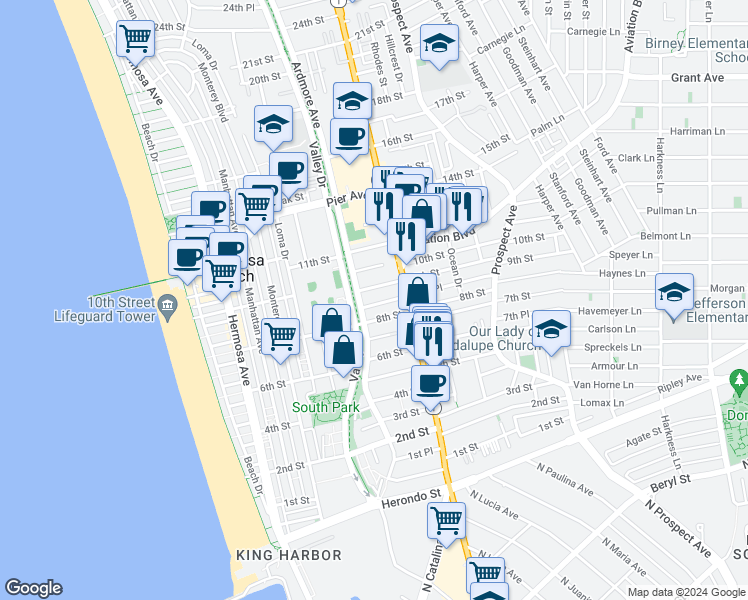 map of restaurants, bars, coffee shops, grocery stores, and more near 635 8th Place in Hermosa Beach