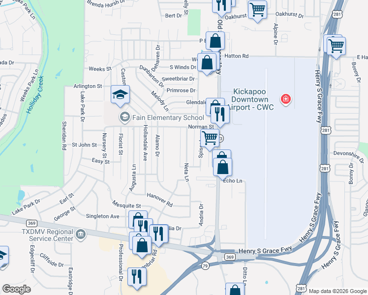 map of restaurants, bars, coffee shops, grocery stores, and more near 4712 Neta Lane in Wichita Falls