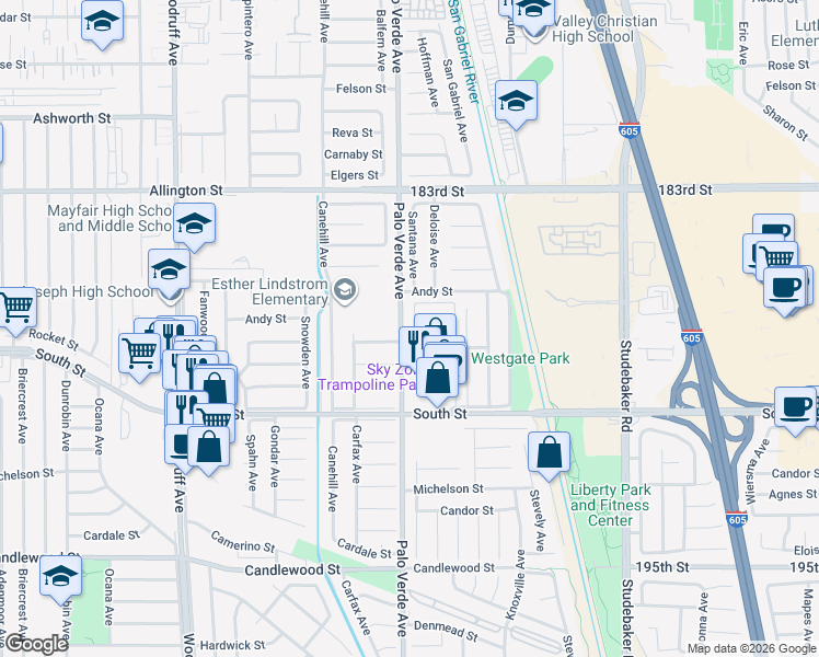 map of restaurants, bars, coffee shops, grocery stores, and more near 18710 Palo Verde Avenue in Cerritos