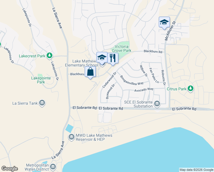 map of restaurants, bars, coffee shops, grocery stores, and more near 17806 Cedarwood Drive in Riverside
