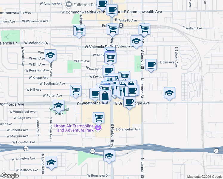 map of restaurants, bars, coffee shops, grocery stores, and more near S Harbor Blvd & W Hill Ave in Fullerton