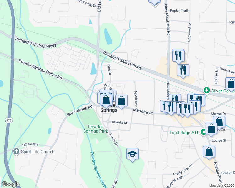 map of restaurants, bars, coffee shops, grocery stores, and more near 4410 George David Way in Powder Springs