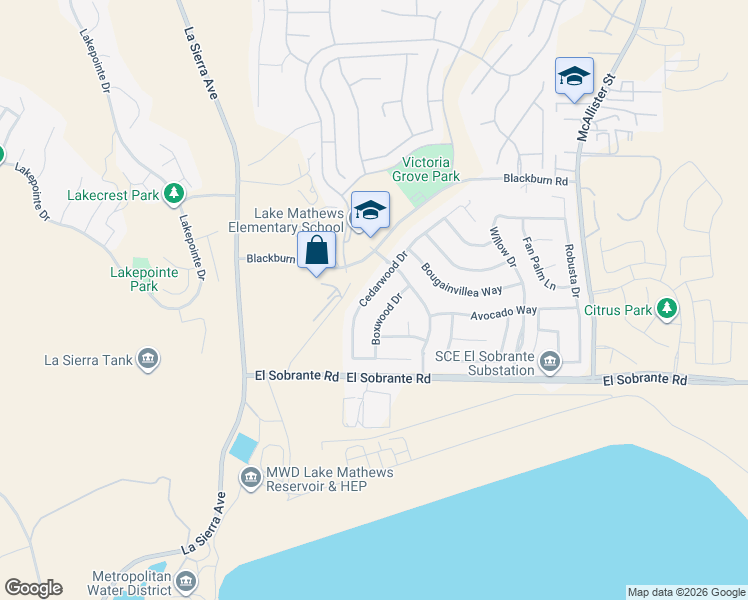 map of restaurants, bars, coffee shops, grocery stores, and more near 17806 Cedarwood Drive in Riverside