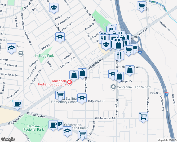 map of restaurants, bars, coffee shops, grocery stores, and more near 1710 Maxwell Lane in Corona