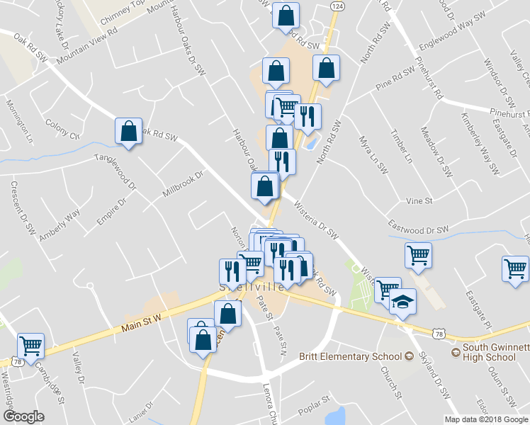 map of restaurants, bars, coffee shops, grocery stores, and more near 2189 Scenic Highway North in Snellville