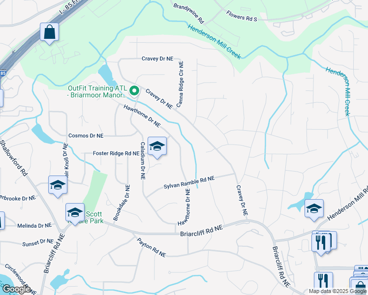 map of restaurants, bars, coffee shops, grocery stores, and more near 2549 Hawthorne Drive Northeast in Atlanta