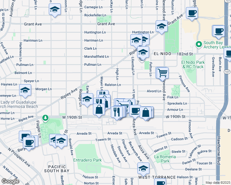 map of restaurants, bars, coffee shops, grocery stores, and more near 721 High Lane in Redondo Beach