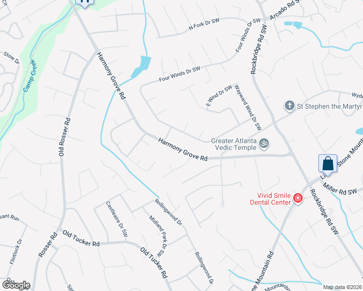 map of restaurants, bars, coffee shops, grocery stores, and more near 386 Harmony Grove Road in Lilburn