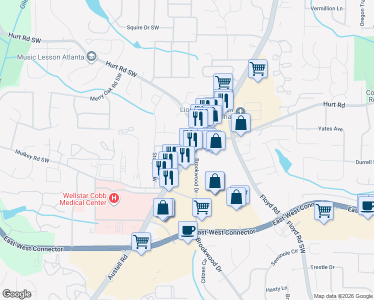 map of restaurants, bars, coffee shops, grocery stores, and more near 3800 Austell Road Southwest in Marietta