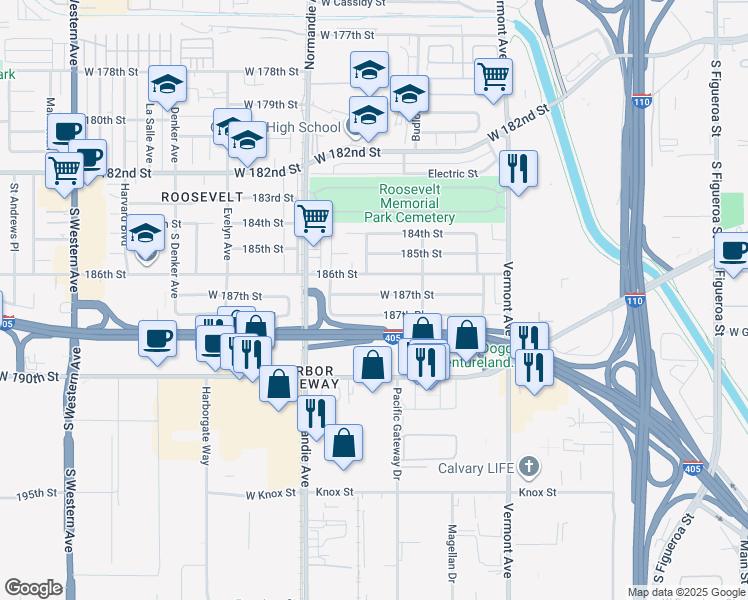 map of restaurants, bars, coffee shops, grocery stores, and more near 1258 West 187th Street in Gardena