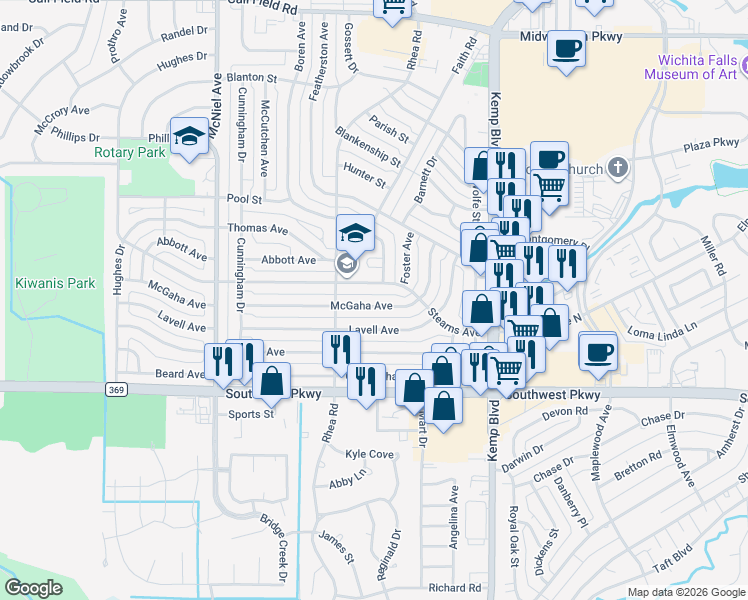 map of restaurants, bars, coffee shops, grocery stores, and more near 2946 McGaha Avenue in Wichita Falls