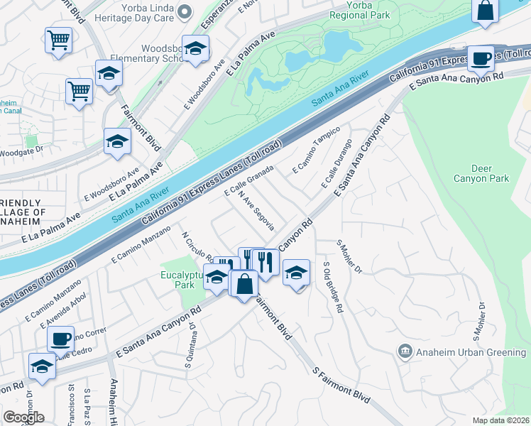 map of restaurants, bars, coffee shops, grocery stores, and more near 170 North Avenue Segovia in Anaheim